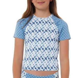 Hang Ten Girls Swim Rashguard Shirt Blue and White Short Sleeve Girls Size 12
